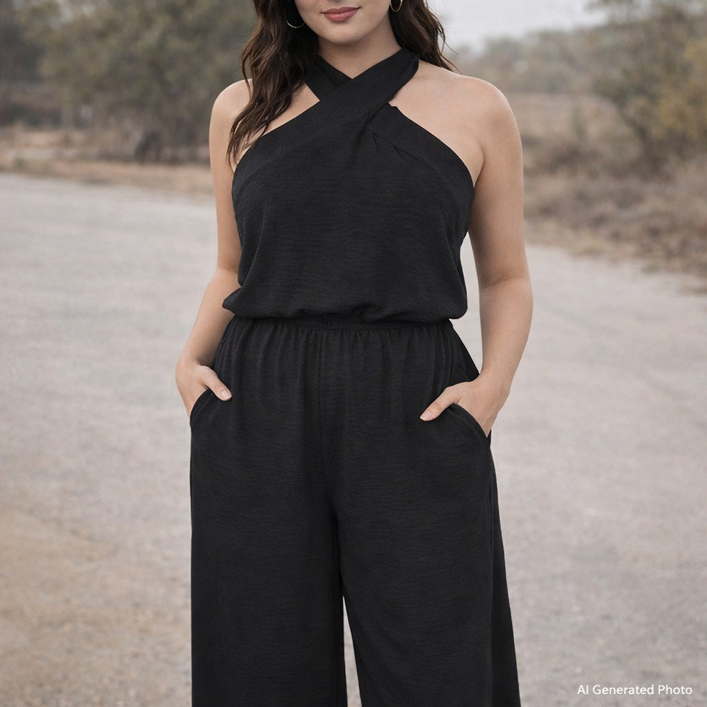 Gilli Black Cross Front Halter Jumpsuit Petite Large Cutout Resort Vacation NWOT